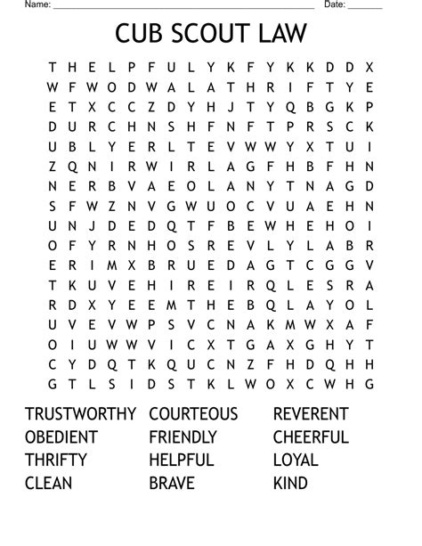 Scout Oath and Law Word Search for Kids