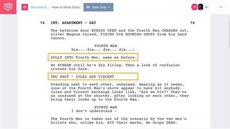 A screenshot of the Screenplay Template with Shot Headings in Google Docs