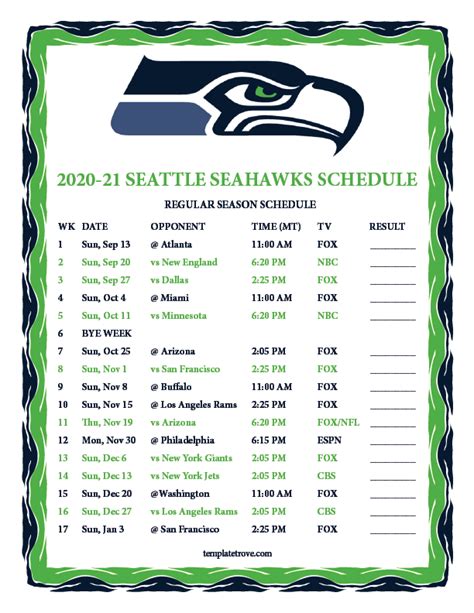 Seahawks Printable Schedule 10