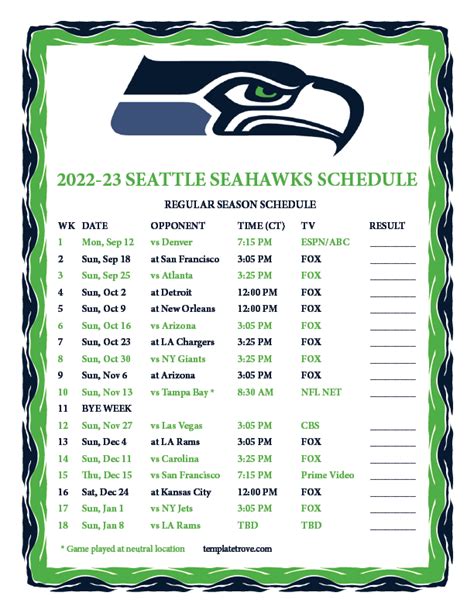 Seahawks Printable Schedule 9