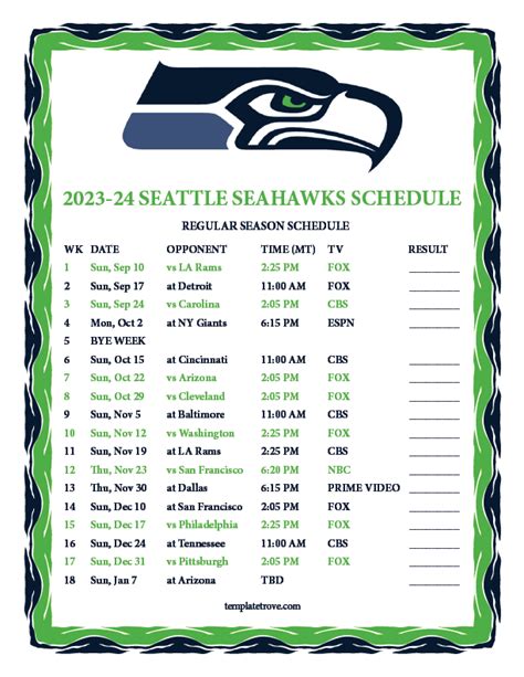 Seahawks Schedule Printable PDF