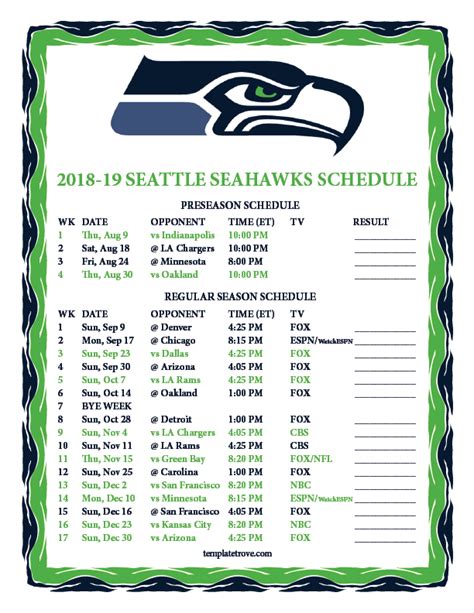 Seahawks Schedule Printable