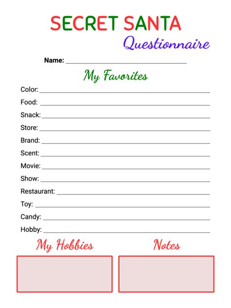 Secret Santa Questionnaire Template