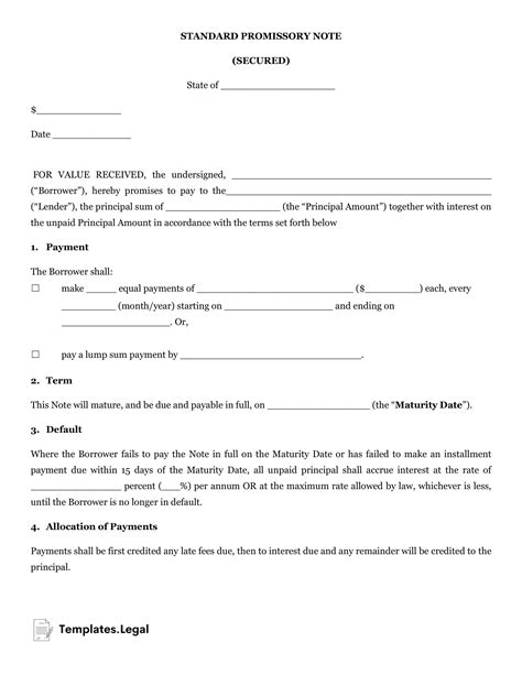 The format of a secured promissory note template