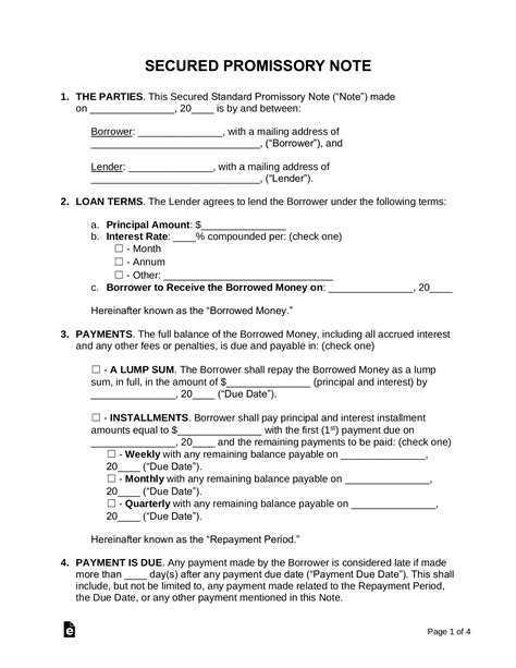 A secured promissory note template in PDF format