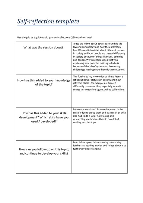 Self-Assessment and Reflection Template