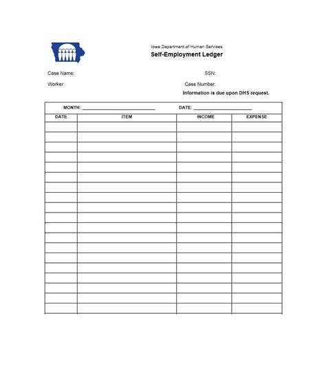 Self Employment Ledger Template with Subcategories