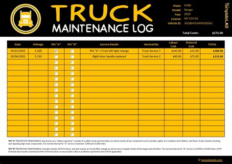 Semi-Truck Maintenance Log Template