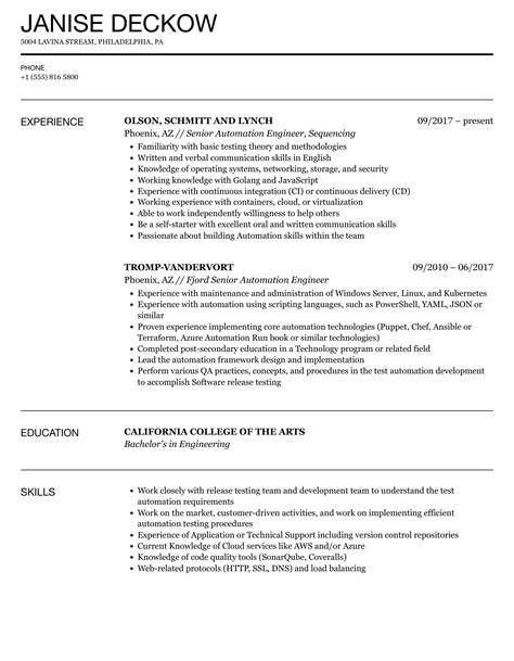 Senior Automation Engineer Resume Example