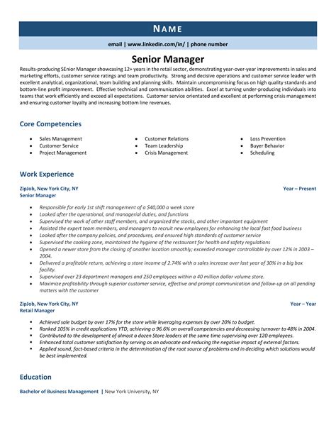 Senior Manager Resume Template Example 2