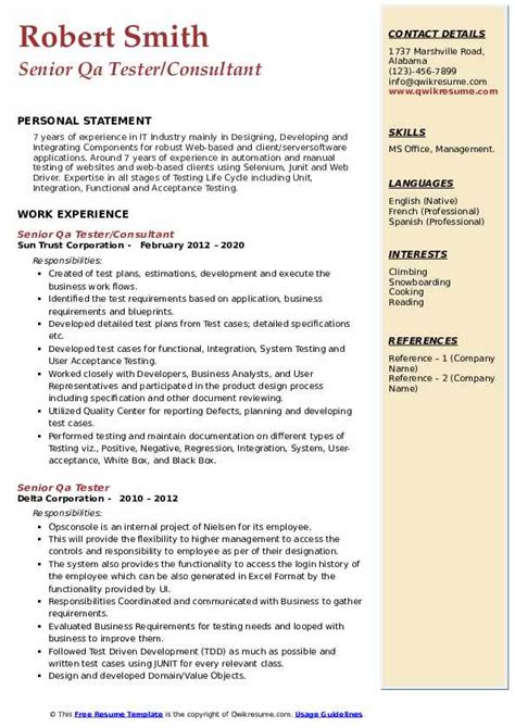 Senior QA Tester Resume