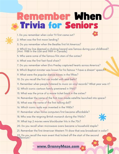 Senior Trivia Printables Answers