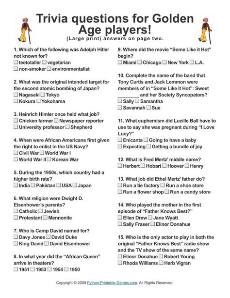 Senior Trivia Printables Template