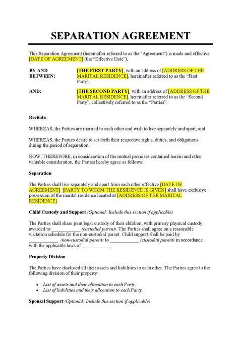 Marriage Separation Agreement Template Form