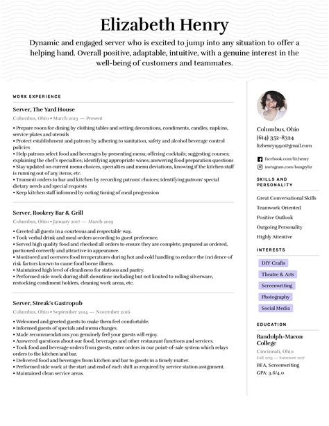 Server Resume Template Example 1