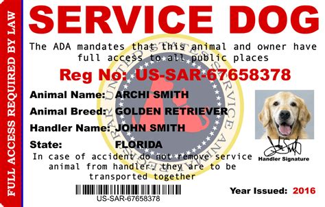 Service Animal Registration Card with Emergency Contact