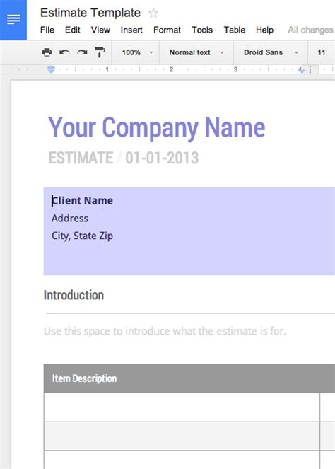 Service-Based Estimate Template in Google Docs