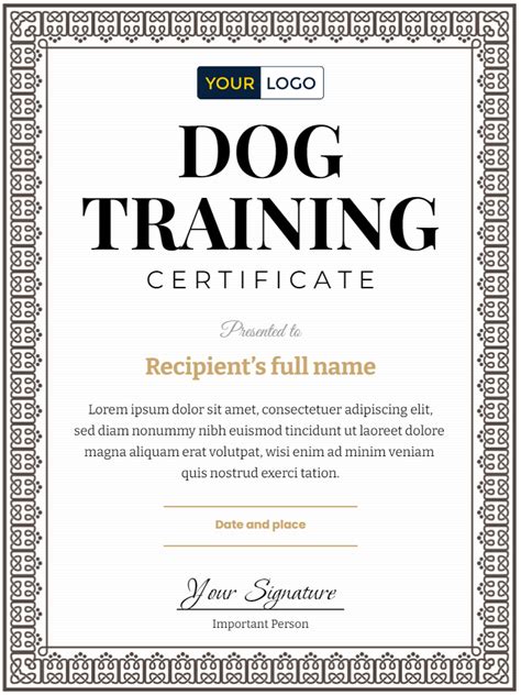 Service Dog Training Certificate Template Example 1