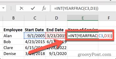 Service Years Calculator in Excel