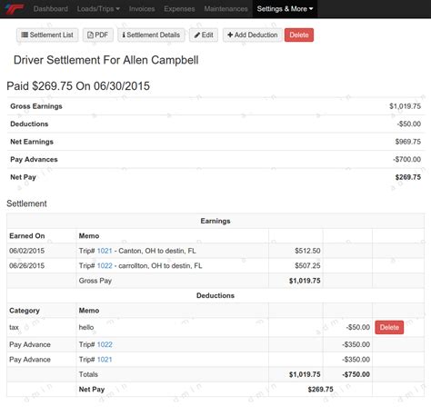 Settlement Truck Driver Pay Sheet Template Components