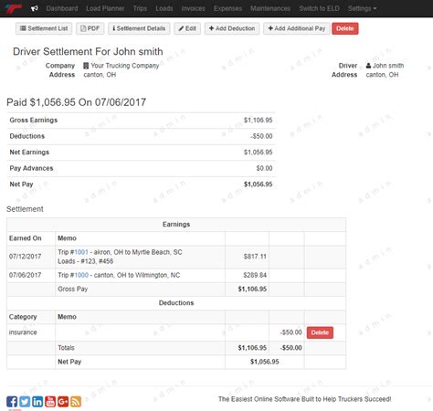 Settlement Truck Driver Pay Sheet Template with Comments