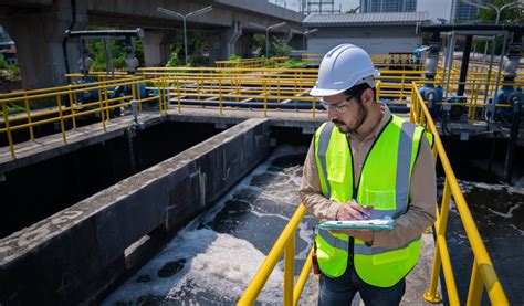 Sewage treatment plant operator performing maintenance