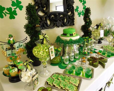 A collection of shamrock-themed party decorations