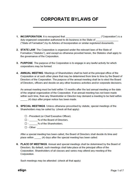 Shareholder Bylaws Template Example