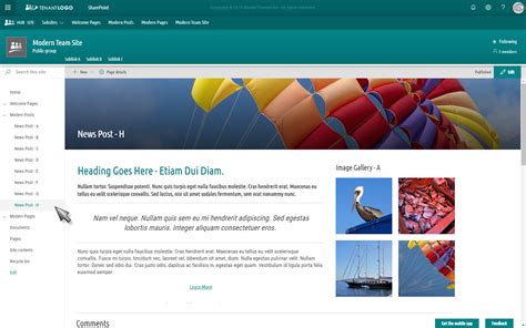 SharePoint team site template news and announcements