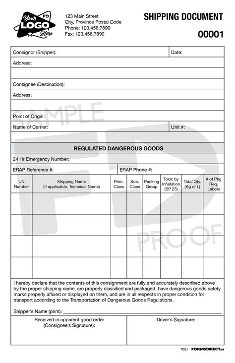 Shipping Document Template Example 2