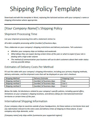 Shipping Policy Template Example