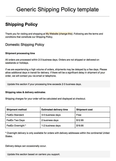 Shipping policy template layout