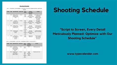 Shooting Schedule Section of a Film Production Schedule Template