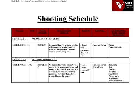 Shooting Schedule Template Example