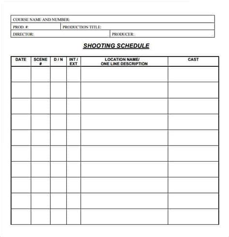 Shooting Schedule Template Sample