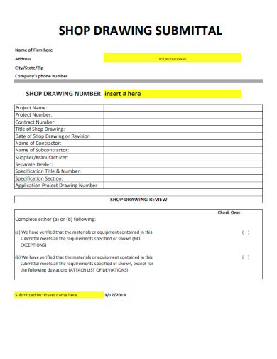 Shop Drawing Submittal Form Template