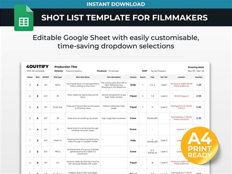 Shot list template conditional formatting in Google Sheets