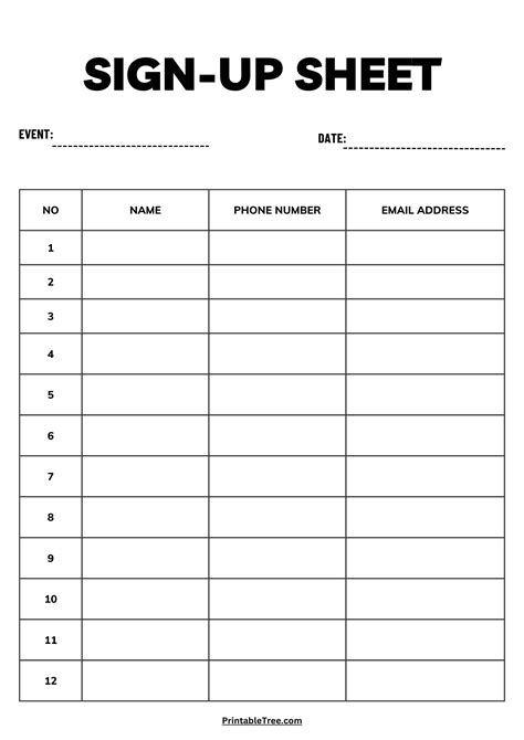 Sample of a Sign-Up Sheet Template