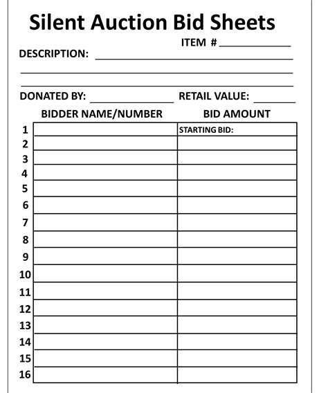 Silent Auction Bid Sheet Example