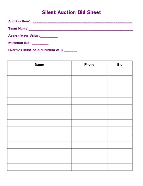 Silent Auction Bid Sheet Templates Gallery 2