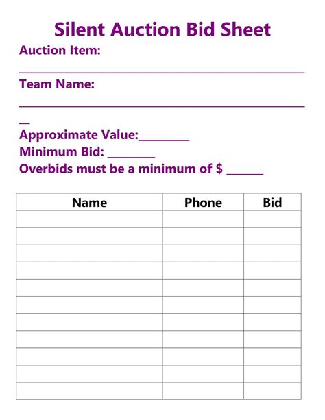 Silent Auction Bid Sheet Templates