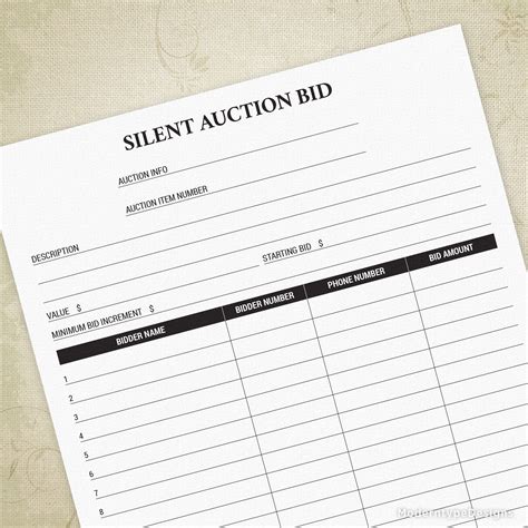 Silent Auction Bid Sheet with Proxy Bidding