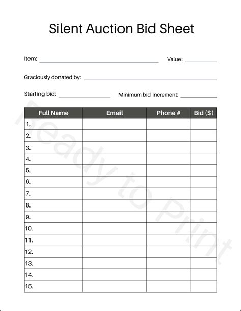 Silent Auction Bid Sheets Template