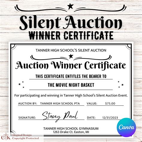 Silent Auction Certificate Template Online Generator