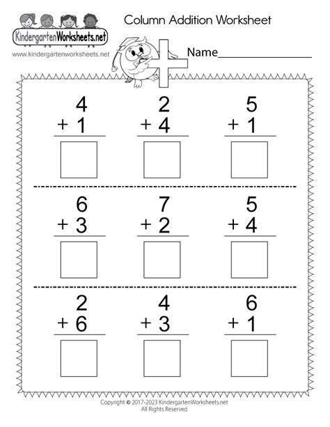 simple column addition worksheets for kids