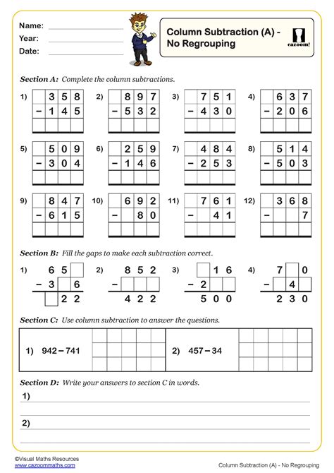 simple column subtraction worksheets for kids