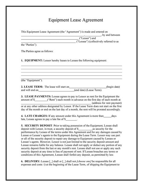 Simple Equipment Rental Agreement Template Word Format