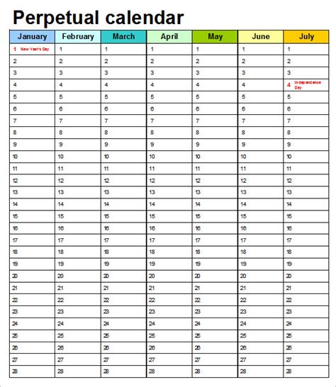 Simple perpetual calendar template