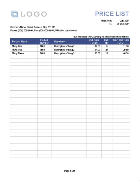 Simple Price List Template Excel