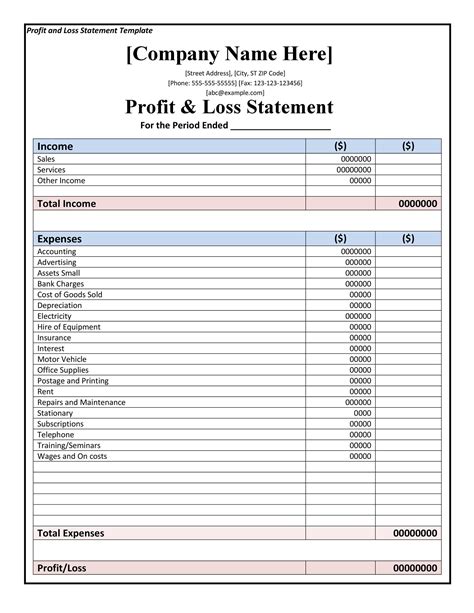 Simple Profit Loss Template